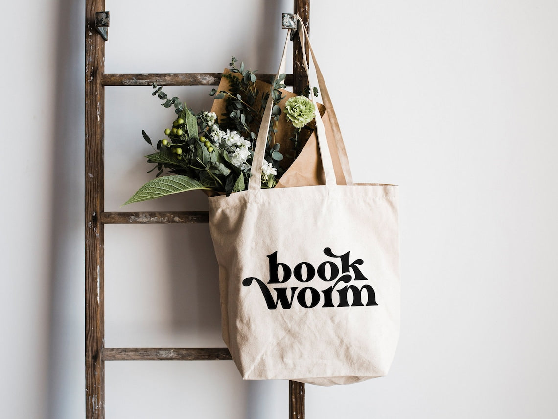 Bookworm Tote Bag • Modern Cotton Canvas Tote Bag for Literature Lovers • Eco Conscious Reusable Library Bag, Bookworm Design
