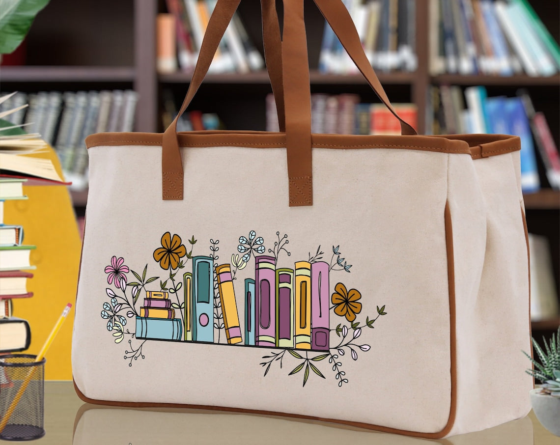 Floral Book Tote Bag Graduation Gift Library Tote School Bag Book worm Bookish Tote Wildflower Book Lover Gift Reader Bloom Canvas Tote