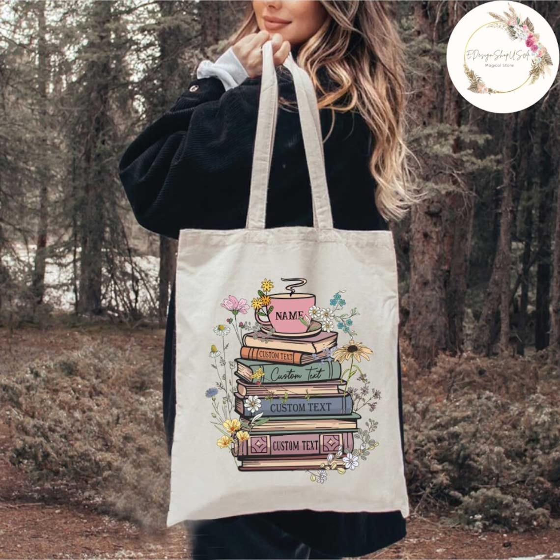 Custom Books & Name Coffee Flower Library Canvas Tote Bag, Personalized Floral Bookish Bag, Gift for Book Lover, Librarian Reader Tote Bag