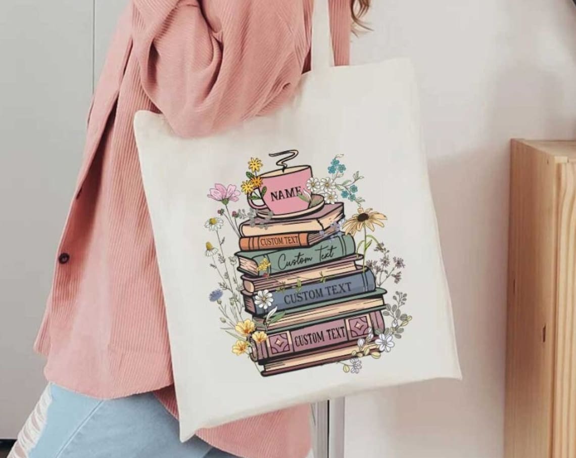 Custom Books & Name Coffee Flower Library Canvas Tote Bag, Personalized Floral Bookish Bag, Gift for Book Lover, Librarian Reader Tote Bag
