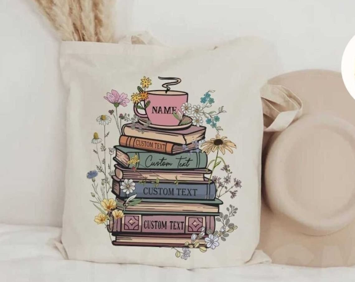 Custom Books & Name Coffee Flower Library Canvas Tote Bag, Personalized Floral Bookish Bag, Gift for Book Lover, Librarian Reader Tote Bag