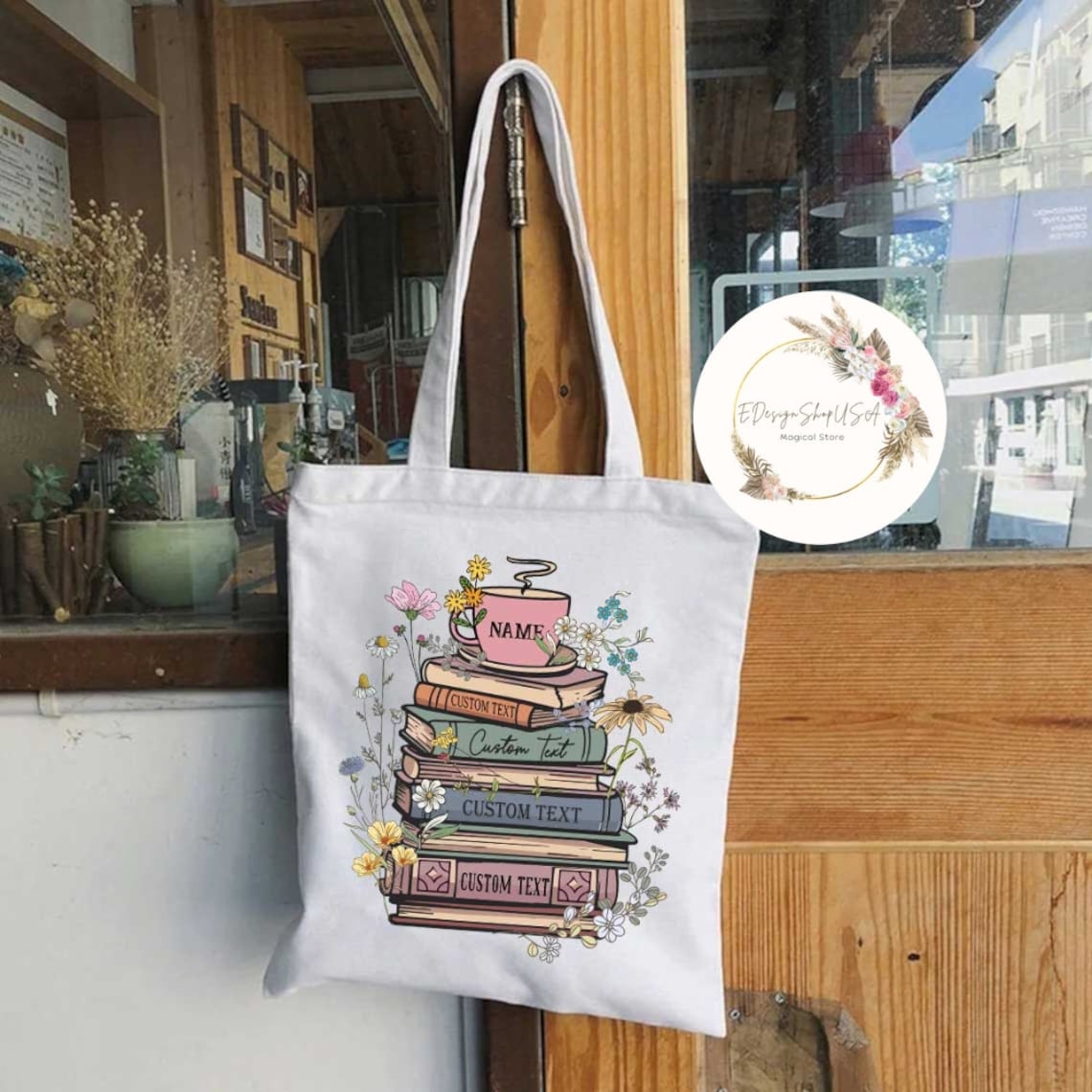 Custom Books & Name Coffee Flower Library Canvas Tote Bag, Personalized Floral Bookish Bag, Gift for Book Lover, Librarian Reader Tote Bag