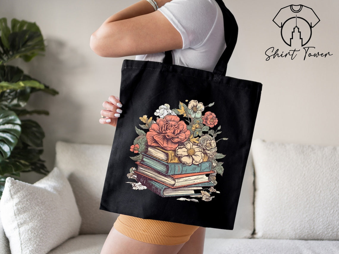 Books And Flowers Tote Bag, Book Lover Tote, Bookish Tote Bag, Book Lover Gift, Canvas Tote Bag, Library Bag, Bookworm Gift, Reusable Bag