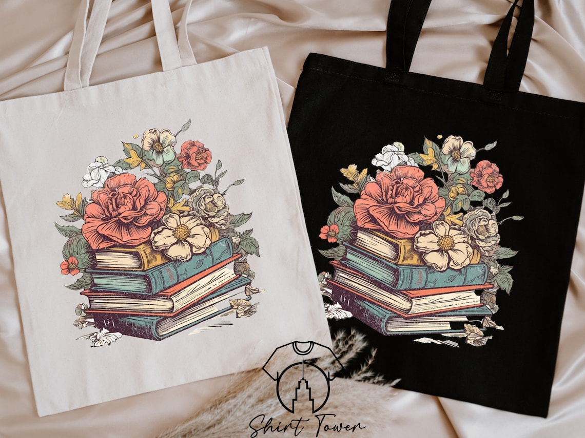 Books And Flowers Tote Bag, Book Lover Tote, Bookish Tote Bag, Book Lover Gift, Canvas Tote Bag, Library Bag, Bookworm Gift, Reusable Bag