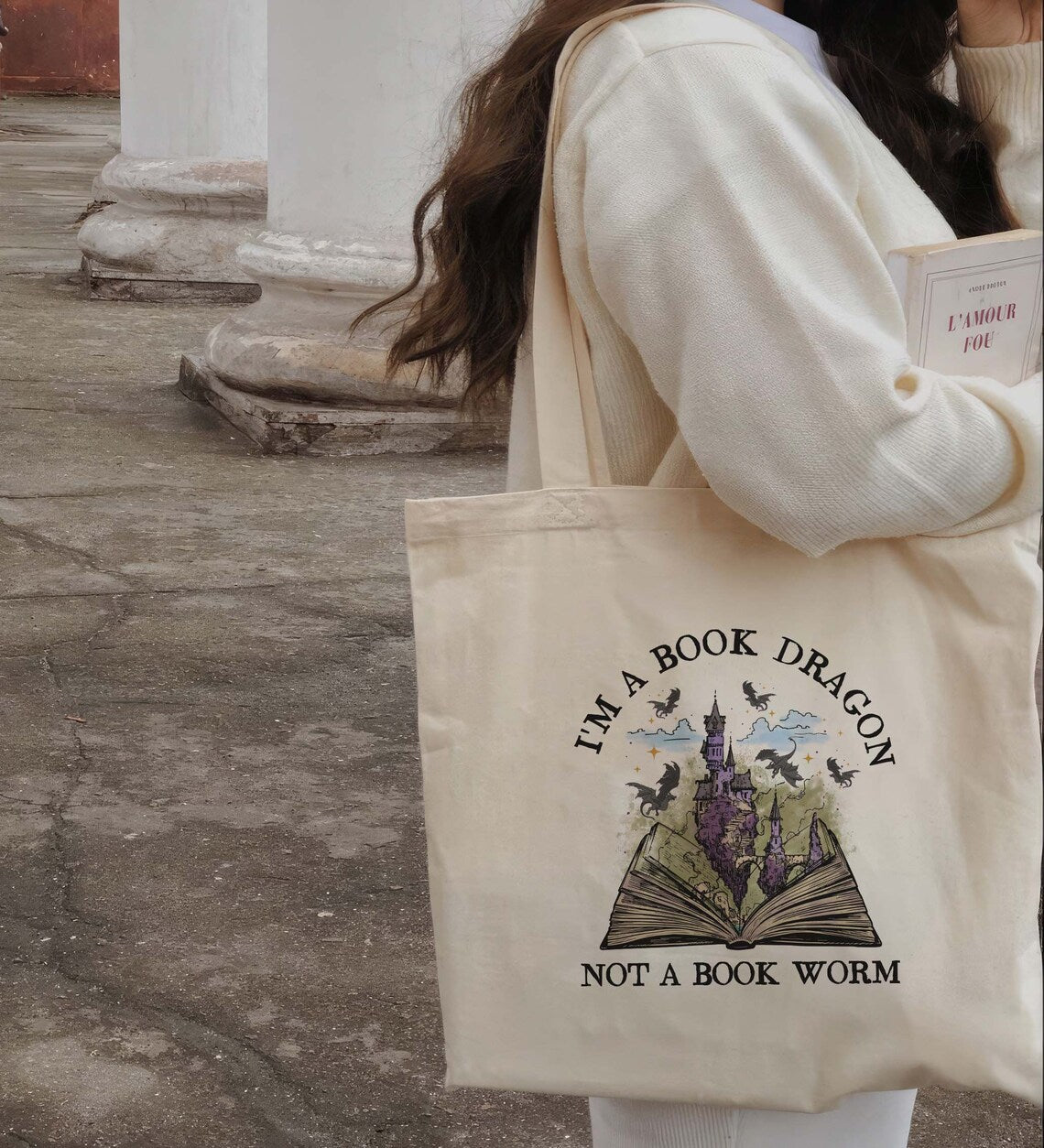 Book Dragon Book Tote Bag, Fantasy Bookish Gift, Book Lover Gift, Book Tote Bag, Bookworm Tote Bag, Dragon Lover Bag, Book Lover Bag