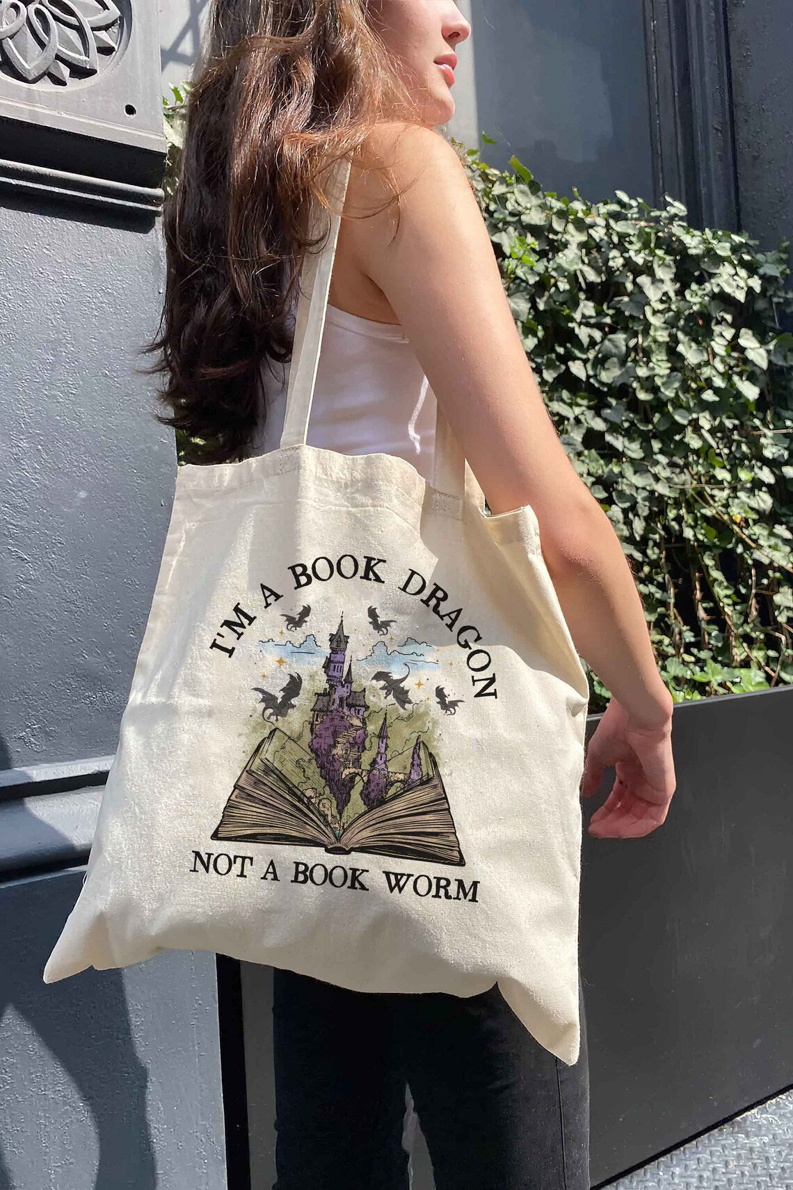 Book Dragon Book Tote Bag, Fantasy Bookish Gift, Book Lover Gift, Book Tote Bag, Bookworm Tote Bag, Dragon Lover Bag, Book Lover Bag