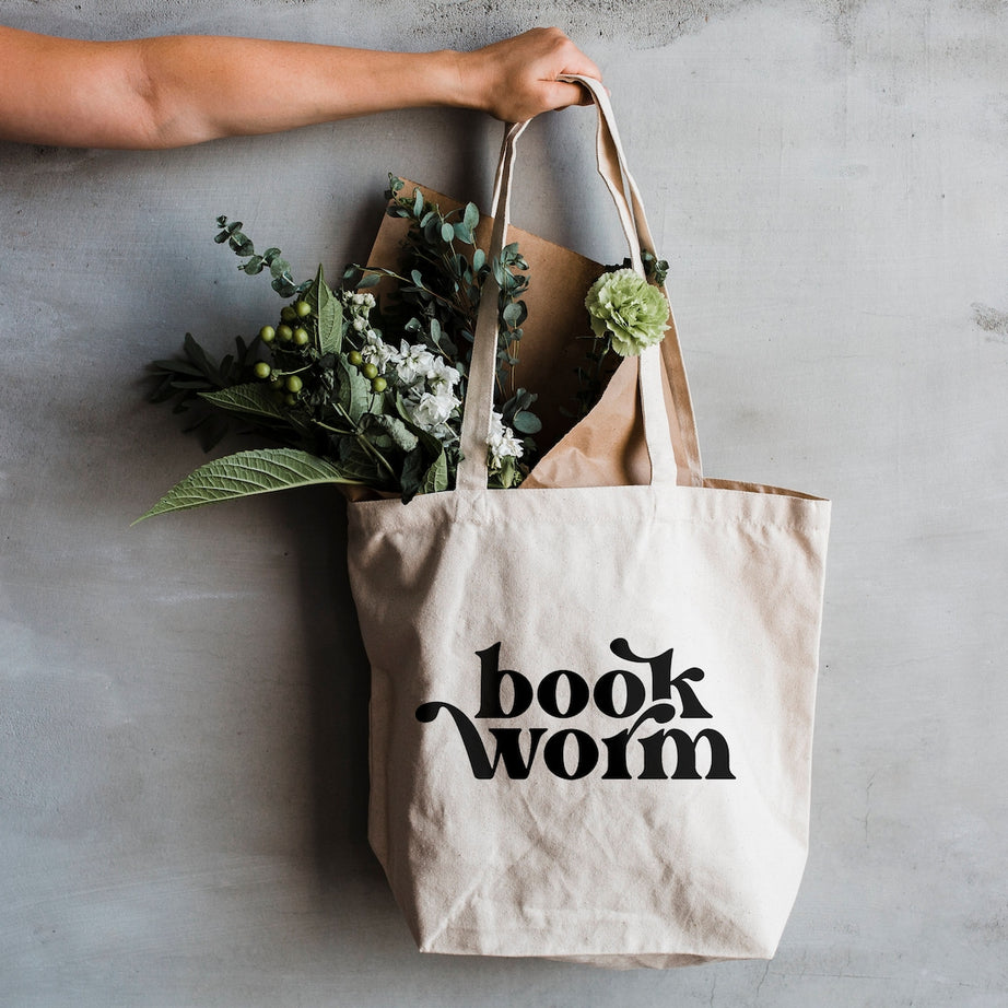 Bookworm Tote Bag • Modern Cotton Canvas Tote Bag for Literature Lovers • Eco Conscious Reusable Library Bag, Bookworm Design