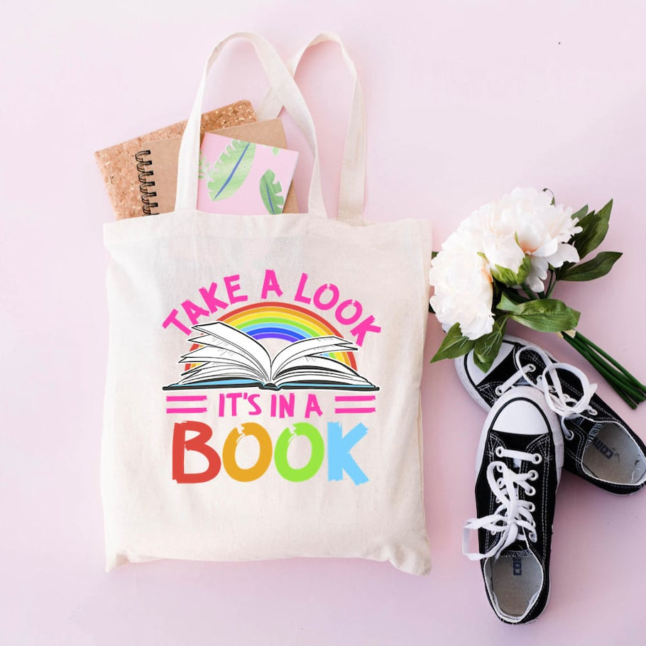 Take A Look It's In A Book  Tote Bag, Aesthetic Book Canvas Bag, Reader Tote Bag, Library Tote, School Bag, Book Lover Gift, Librarian Tote