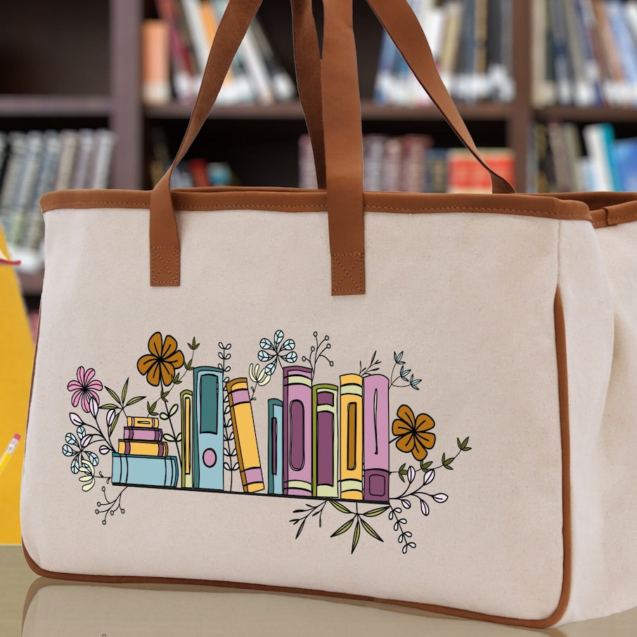 Floral Book Tote Bag Graduation Gift Library Tote School Bag Book worm Bookish Tote Wildflower Book Lover Gift Reader Bloom Canvas Tote