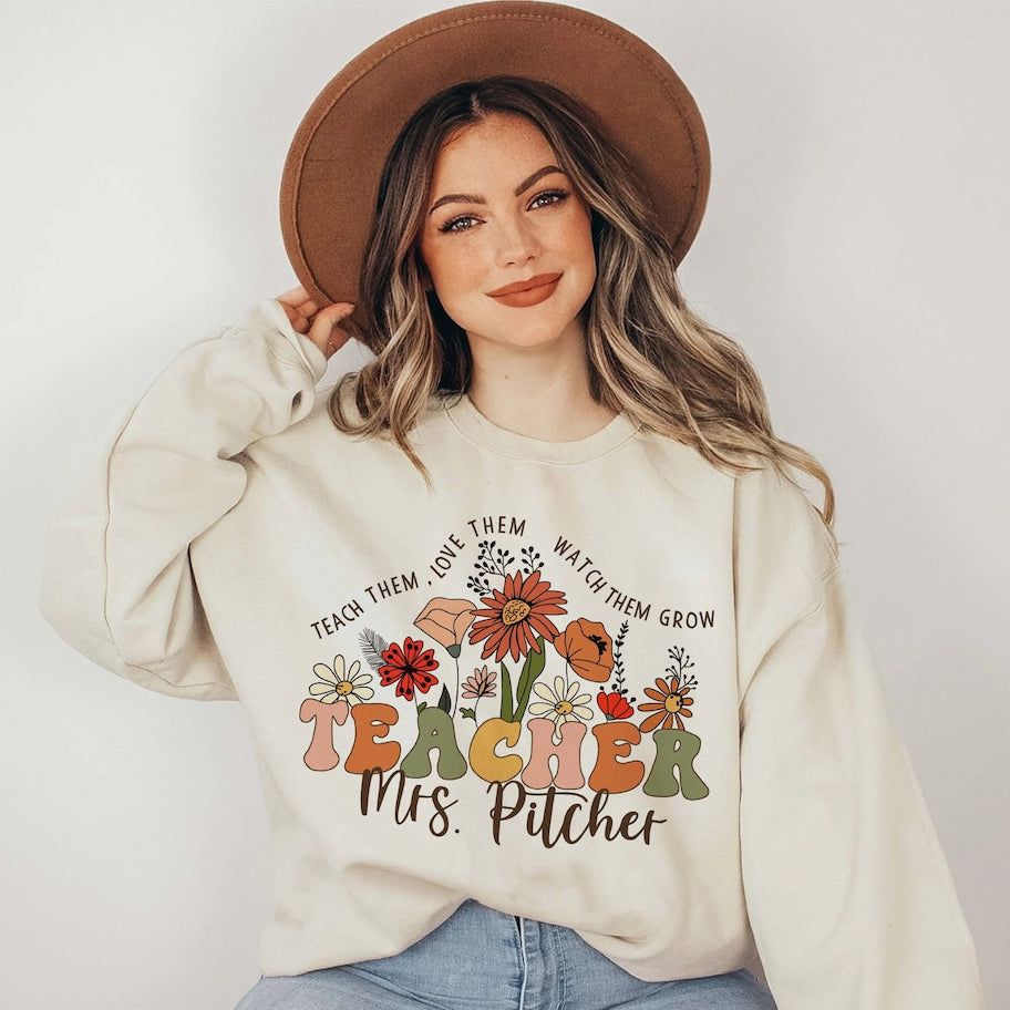 Wildflower Teacher Name Shirt, Custom Teacher Shirt, Personalized Teacher Shirt, Gift for Teacher, Cute Teacher Tee, Groovy Teacher