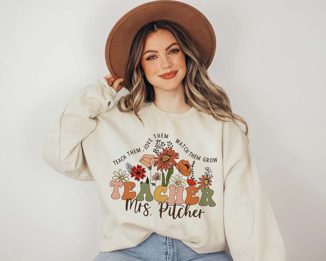 Wildflower Teacher Name Shirt, Custom Teacher Shirt, Personalized Teacher Shirt, Gift for Teacher, Cute Teacher Tee, Groovy Teacher