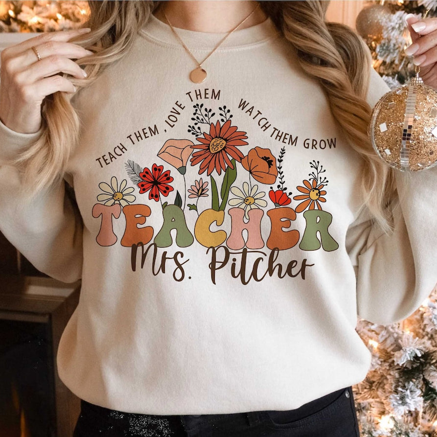 Wildflower Teacher Name Shirt, Custom Teacher Shirt, Personalized Teacher Shirt, Gift for Teacher, Cute Teacher Tee, Groovy Teacher