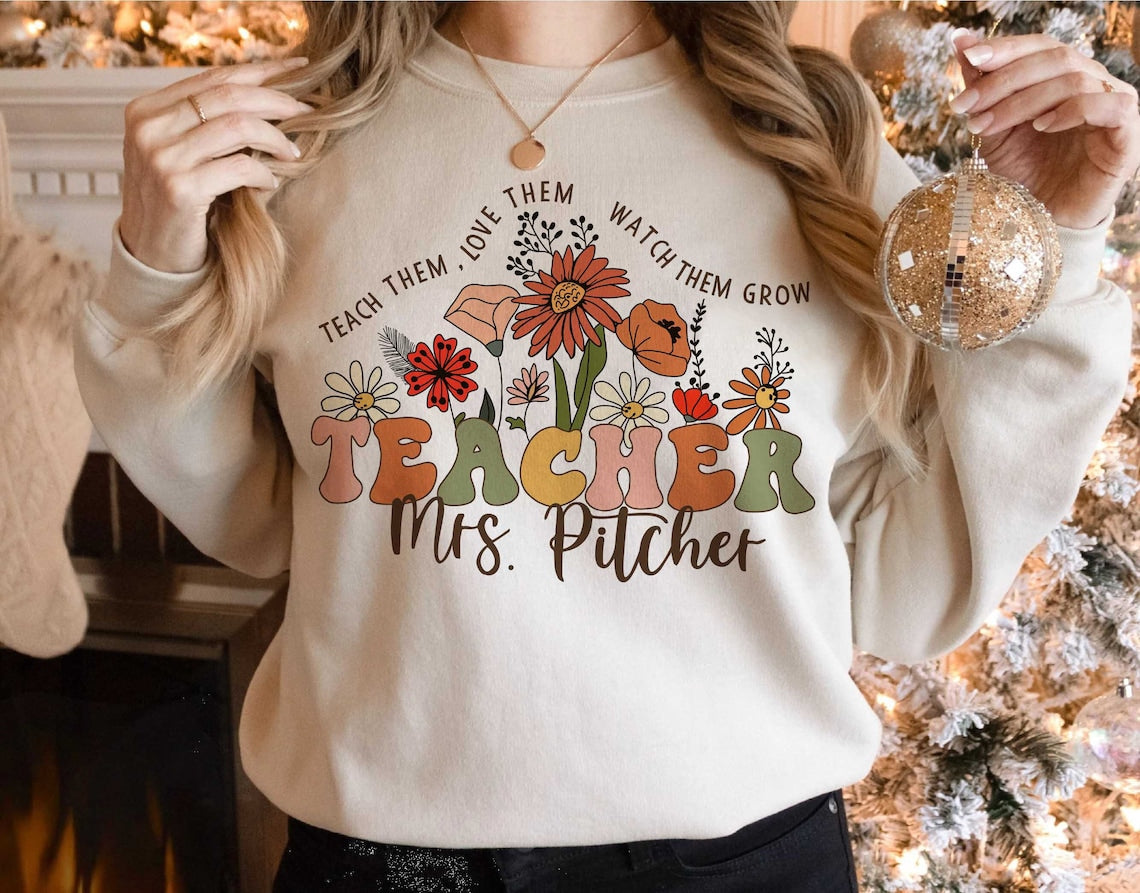 Wildflower Teacher Name Shirt, Custom Teacher Shirt, Personalized Teacher Shirt, Gift for Teacher, Cute Teacher Tee, Groovy Teacher