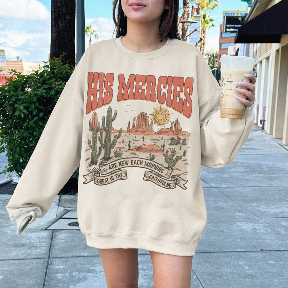 Boho Christian Sweatshirt, Bible Verse Shirt, Trendy Christians T Shirts, Jesus Apparel Faith Based Shirt His Mercies Are New