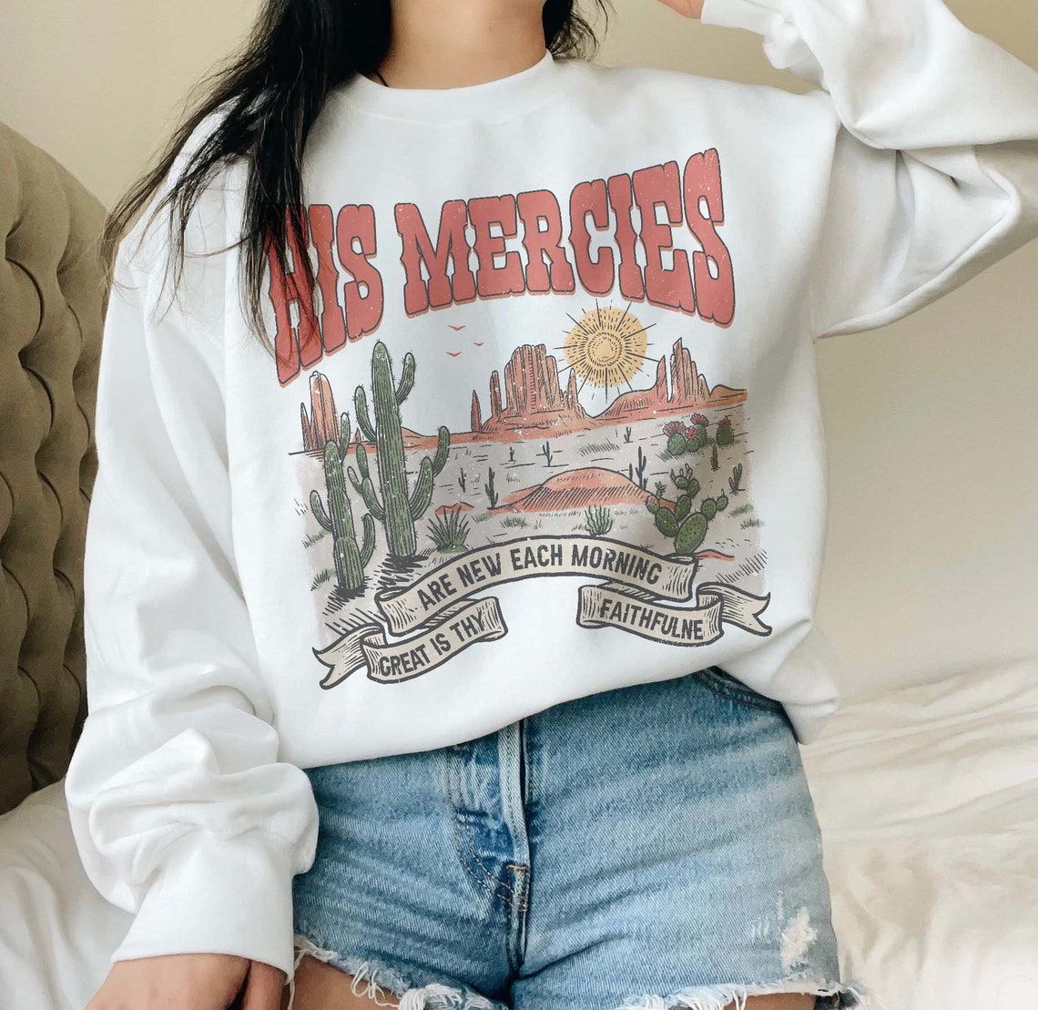 Boho Christian Sweatshirt, Bible Verse Shirt, Trendy Christians T Shirts, Jesus Apparel Faith Based Shirt His Mercies Are New