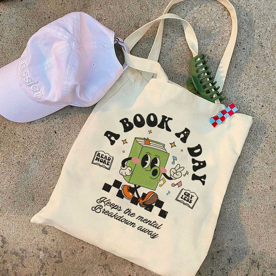 Bookish Mental Health Tote Bag, Book A Day Bag, Read More Book Lover Bookworm Booktok Romance Reader Book Addict Romantasy Bibliophile