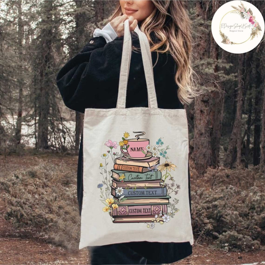 Custom Books & Name Coffee Flower Library Canvas Tote Bag, Personalized Floral Bookish Bag, Gift for Book Lover, Librarian Reader Tote Bag