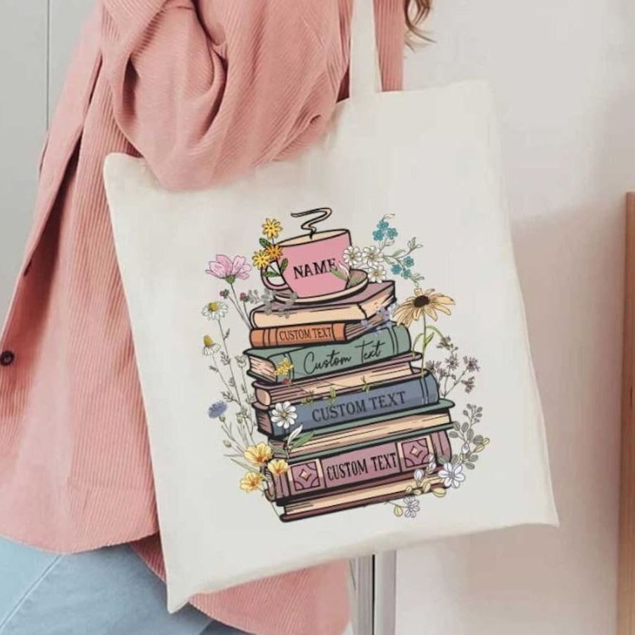 Custom Books & Name Coffee Flower Library Canvas Tote Bag, Personalized Floral Bookish Bag, Gift for Book Lover, Librarian Reader Tote Bag