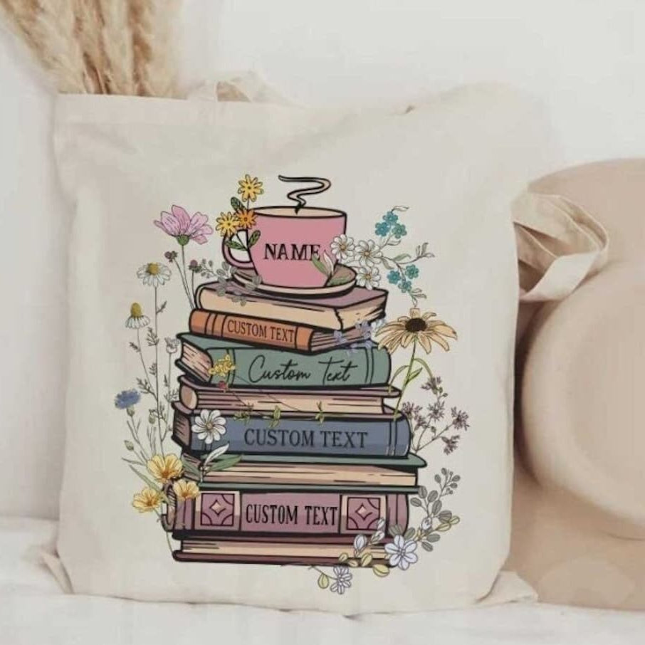 Custom Books & Name Coffee Flower Library Canvas Tote Bag, Personalized Floral Bookish Bag, Gift for Book Lover, Librarian Reader Tote Bag