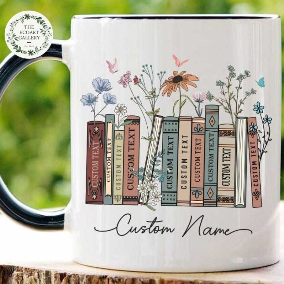 Personalized Floral Books Mug, Favorite Bookshelf Coffee Mug, Custom Tittle & Name Librarian Bookworm Gift for Reader, Gift for Book Lovers