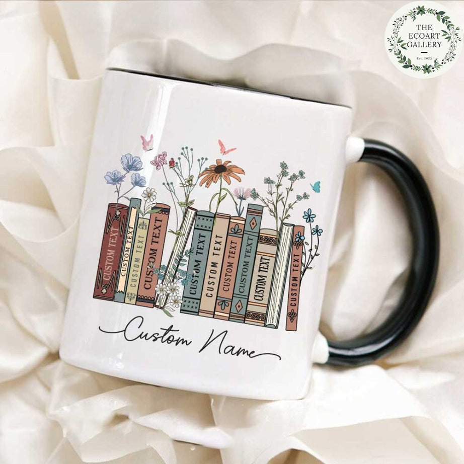 Personalized Floral Books Mug, Favorite Bookshelf Coffee Mug, Custom Tittle & Name Librarian Bookworm Gift for Reader, Gift for Book Lovers