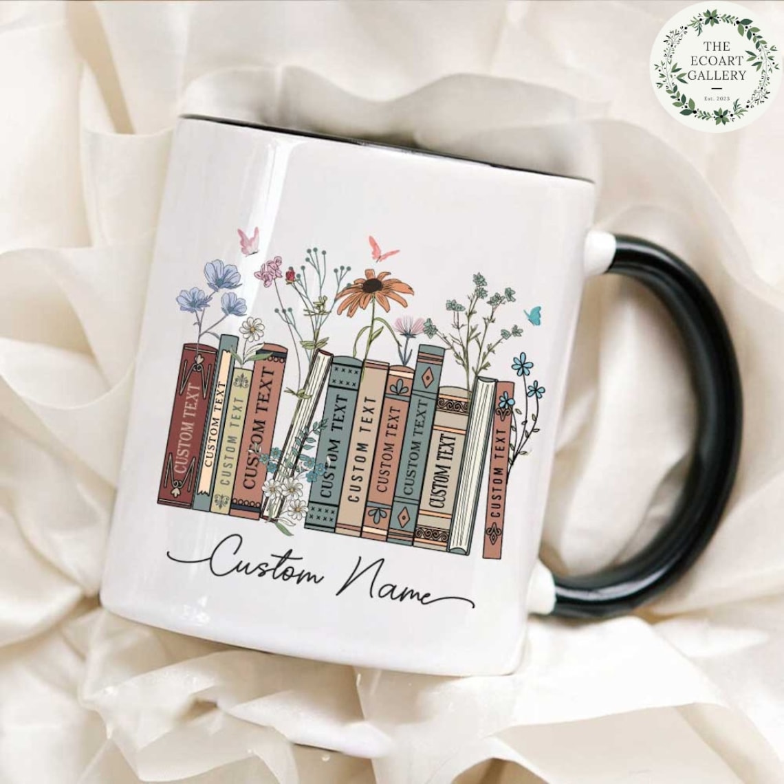Personalized Floral Books Mug, Favorite Bookshelf Coffee Mug, Custom Tittle & Name Librarian Bookworm Gift for Reader, Gift for Book Lovers