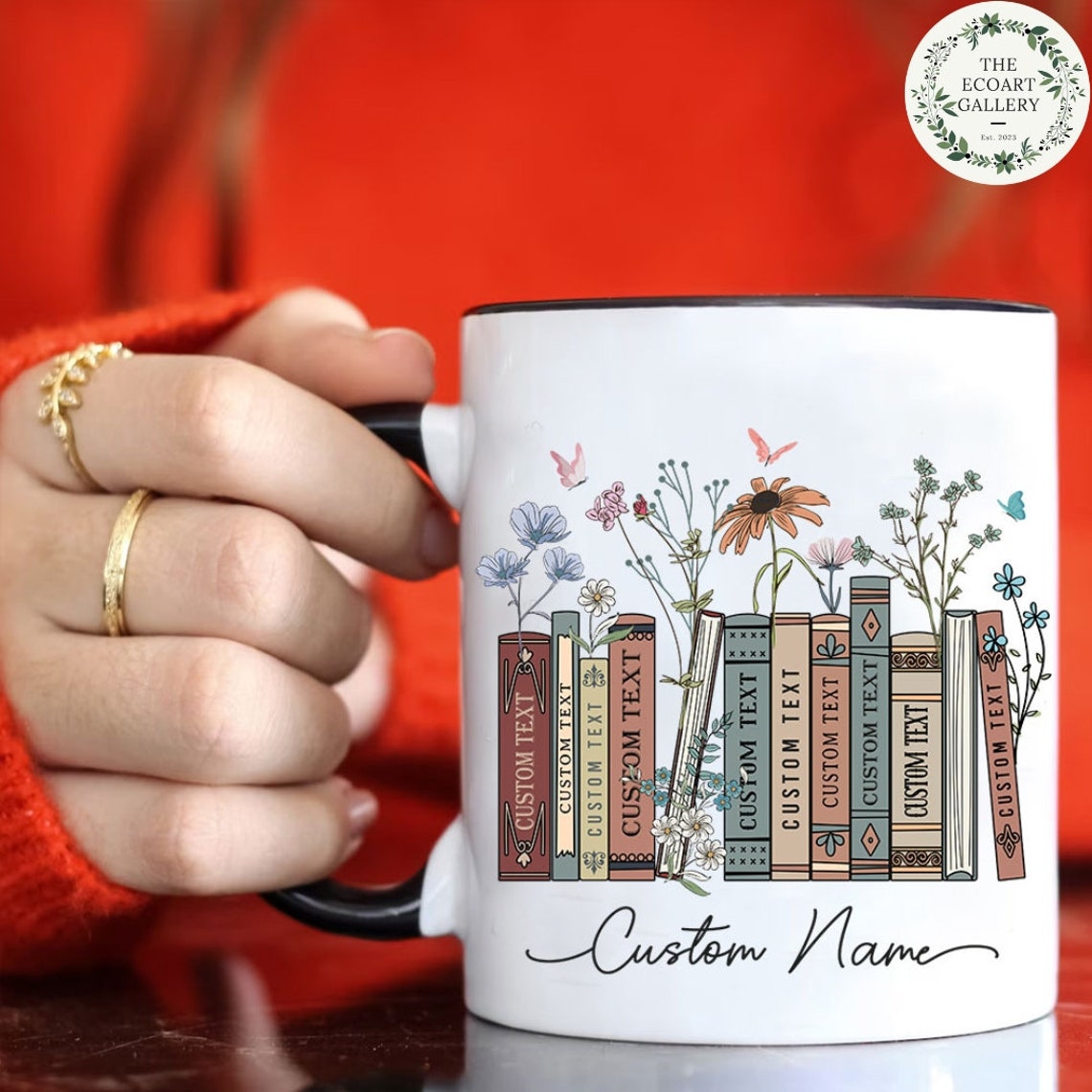 Personalized Floral Books Mug, Favorite Bookshelf Coffee Mug, Custom Tittle & Name Librarian Bookworm Gift for Reader, Gift for Book Lovers
