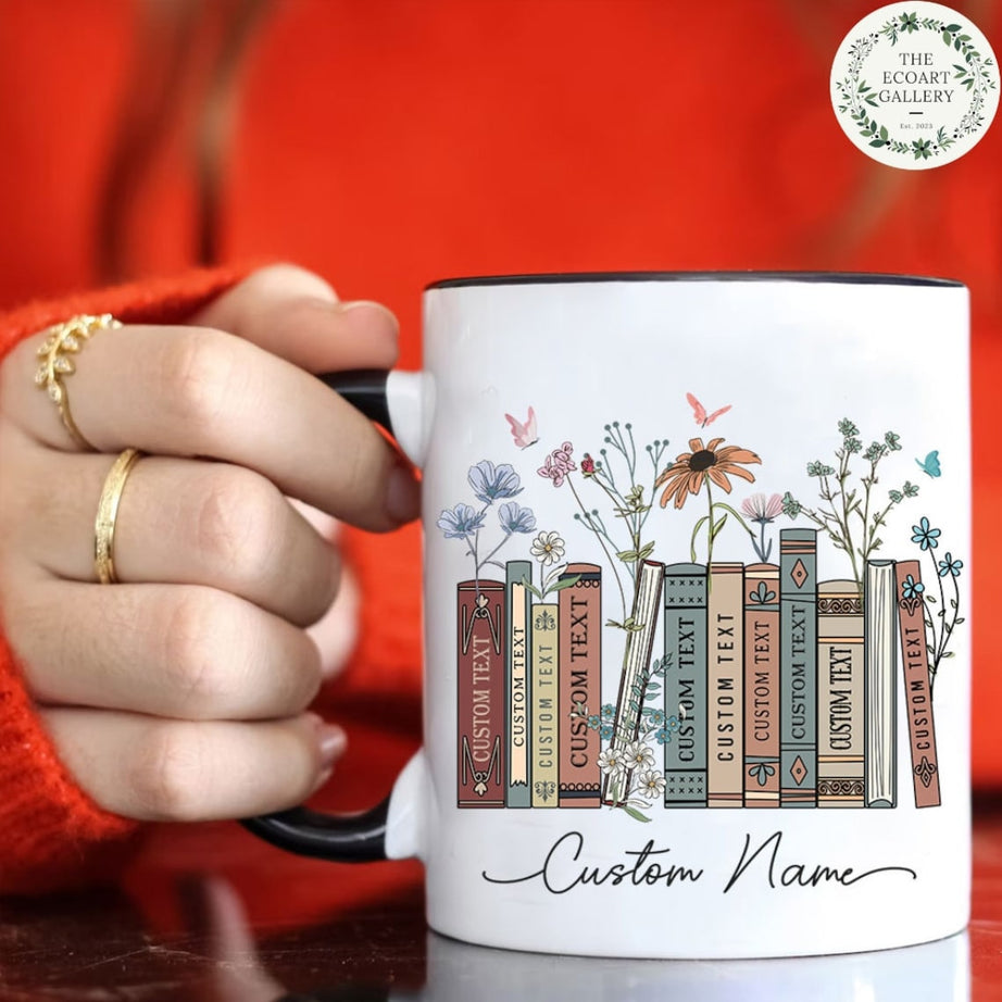 Personalized Floral Books Mug, Favorite Bookshelf Coffee Mug, Custom Tittle & Name Librarian Bookworm Gift for Reader, Gift for Book Lovers