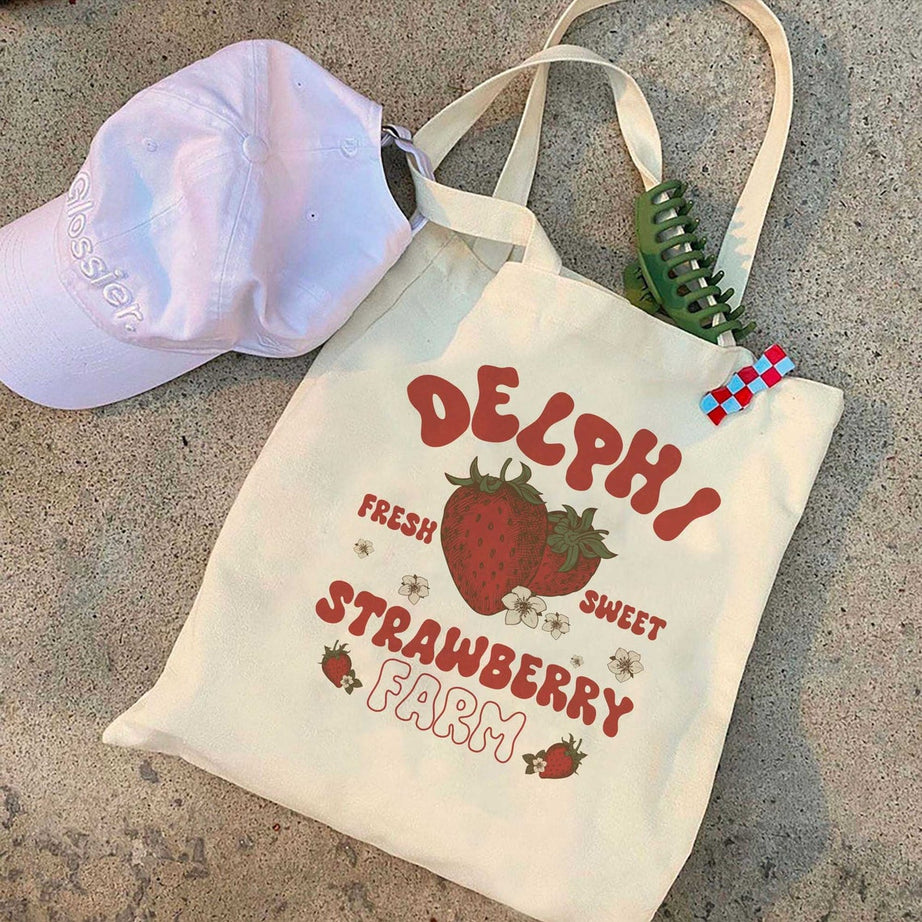 Delphi Strawberry Farms Tote Bag, Percy Jackson the Olympians Tote Bag, Bookish Tote Bag, Book Lover Tote Bag Bookworm