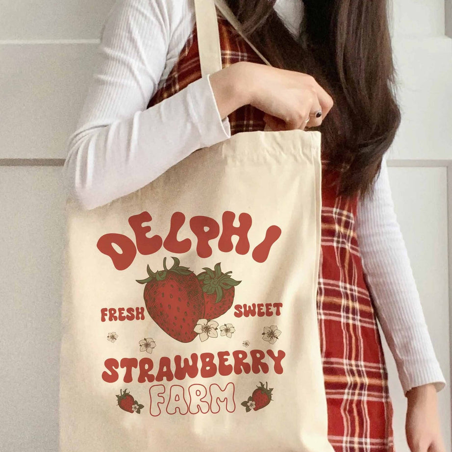 Delphi Strawberry Farms Tote Bag, Percy Jackson the Olympians Tote Bag, Bookish Tote Bag, Book Lover Tote Bag Bookworm