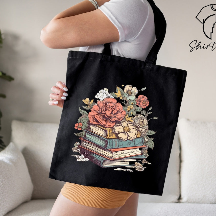 Books And Flowers Tote Bag, Book Lover Tote, Bookish Tote Bag, Book Lover Gift, Canvas Tote Bag, Library Bag, Bookworm Gift, Reusable Bag