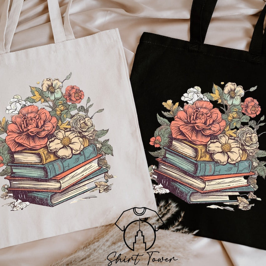 Books And Flowers Tote Bag, Book Lover Tote, Bookish Tote Bag, Book Lover Gift, Canvas Tote Bag, Library Bag, Bookworm Gift, Reusable Bag