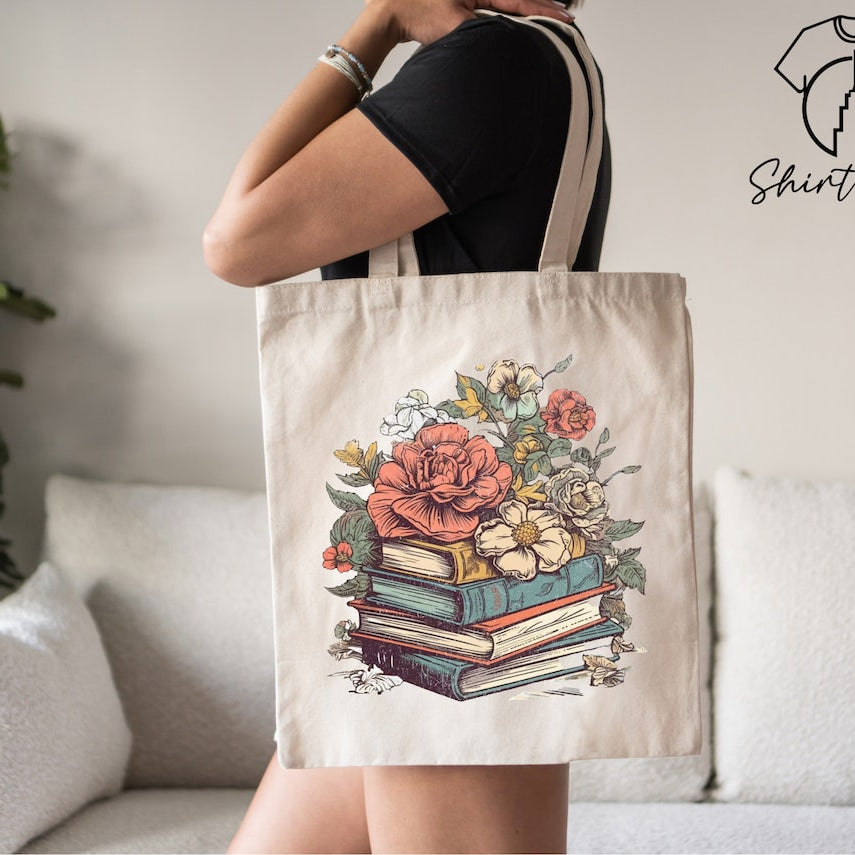 Books And Flowers Tote Bag, Book Lover Tote, Bookish Tote Bag, Book Lover Gift, Canvas Tote Bag, Library Bag, Bookworm Gift, Reusable Bag