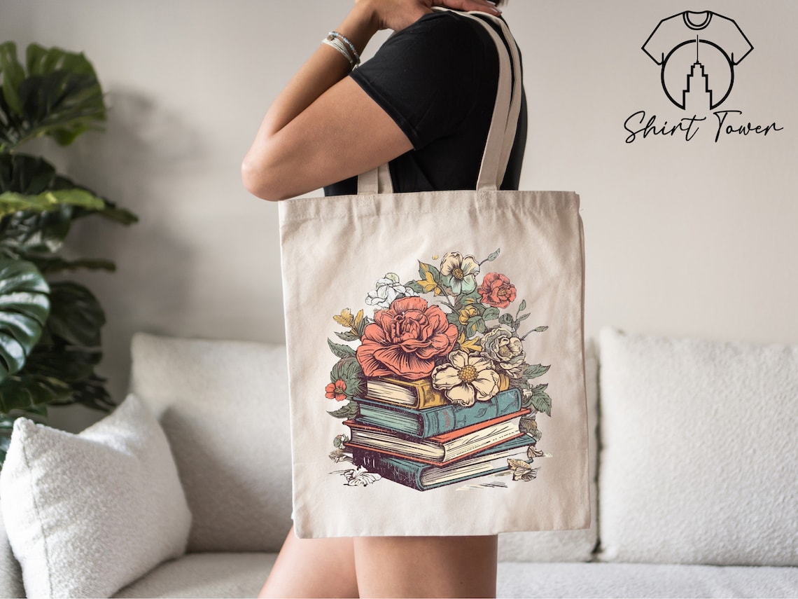 Books And Flowers Tote Bag, Book Lover Tote, Bookish Tote Bag, Book Lover Gift, Canvas Tote Bag, Library Bag, Bookworm Gift, Reusable Bag
