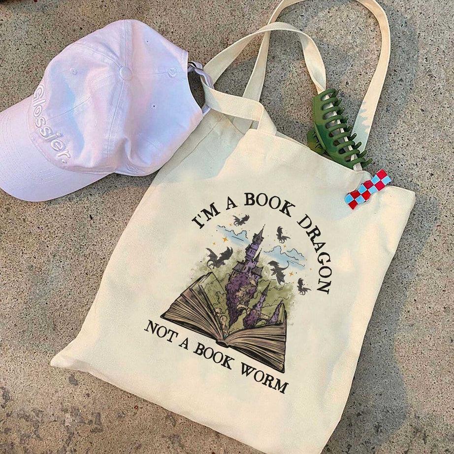 Book Dragon Book Tote Bag, Fantasy Bookish Gift, Book Lover Gift, Book Tote Bag, Bookworm Tote Bag, Dragon Lover Bag, Book Lover Bag