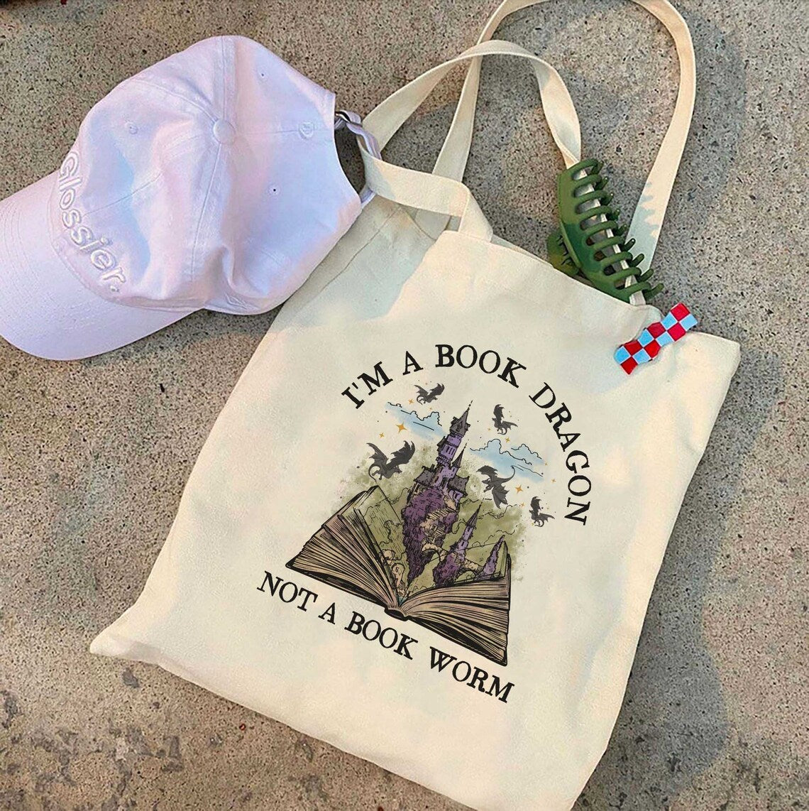 Book Dragon Book Tote Bag, Fantasy Bookish Gift, Book Lover Gift, Book Tote Bag, Bookworm Tote Bag, Dragon Lover Bag, Book Lover Bag