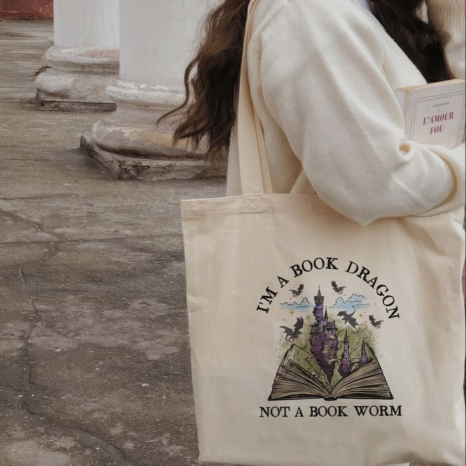 Book Dragon Book Tote Bag, Fantasy Bookish Gift, Book Lover Gift, Book Tote Bag, Bookworm Tote Bag, Dragon Lover Bag, Book Lover Bag