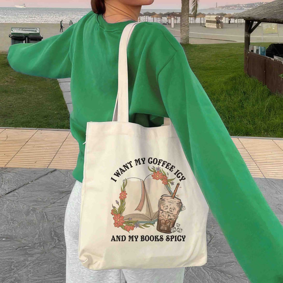 I Want My Coffee Icy and My Books Spicy Tote Bag, Smutty Books, Book Lover Gift, Smut Love, Spicy Books, Bookish Merch Tote Bag, Bookish Bag