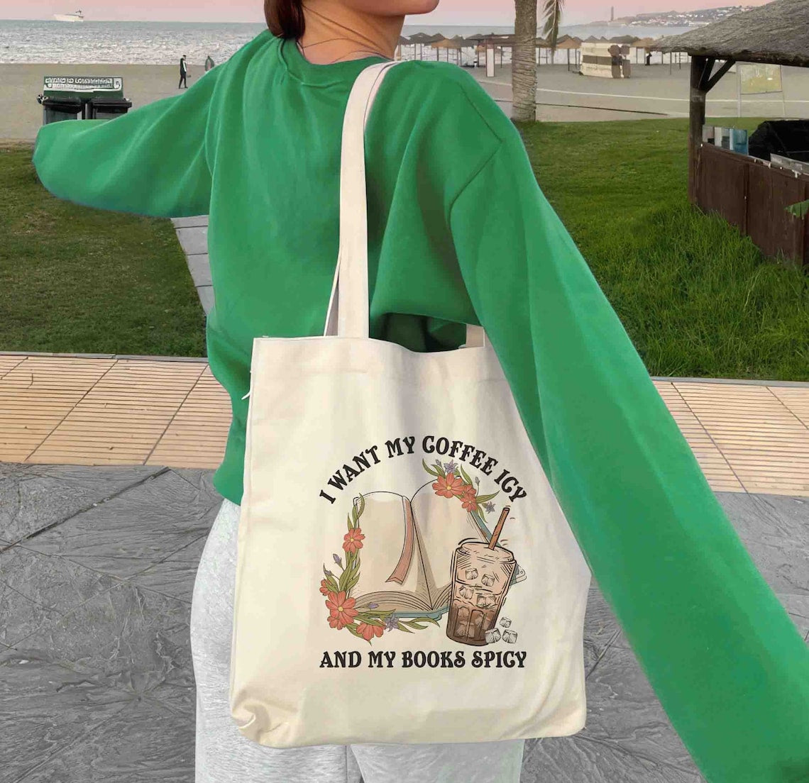 I Want My Coffee Icy and My Books Spicy Tote Bag, Smutty Books, Book Lover Gift, Smut Love, Spicy Books, Bookish Merch Tote Bag, Bookish Bag