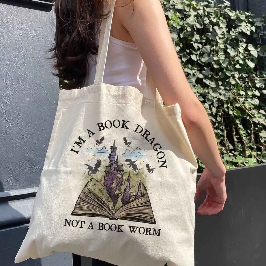 Book Dragon Book Tote Bag, Fantasy Bookish Gift, Book Lover Gift, Book Tote Bag, Bookworm Tote Bag, Dragon Lover Bag, Book Lover Bag