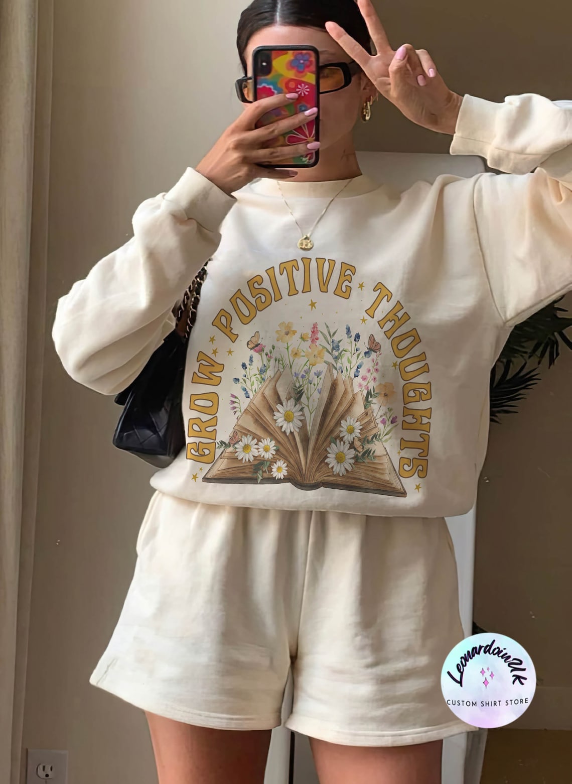 Grow Positive Thoughts Sweatshirt, Floral Shirt, Bohemian Style Shirt, Book Sweatshirt, Women's Graphic Shirt, Love Tee