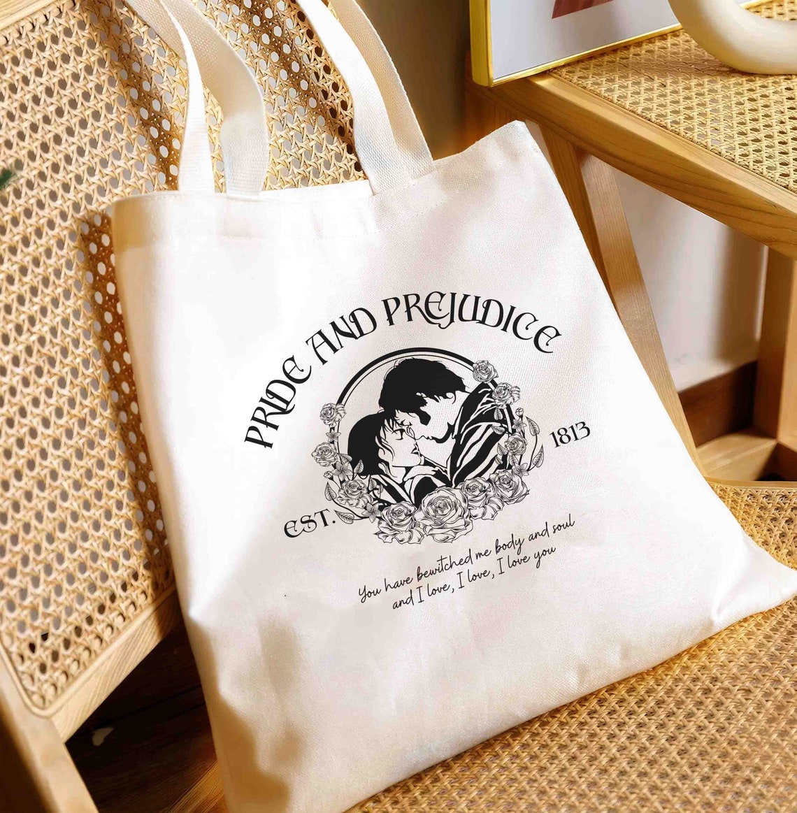Pride and Prejudice Tote Bag, Pemberley House Tote Bag, Mr, Darcy and Elizabeth Bennet Tote Bag, Jane Austen Tote Bag, Book Lover Tote Bag