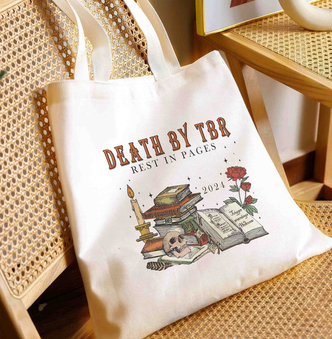 Death by TBR Tote Bag, Book Lover, Reading Tote Bag, Bibliophiles, Bookish Merch, Bookworm Gift, Book Addict