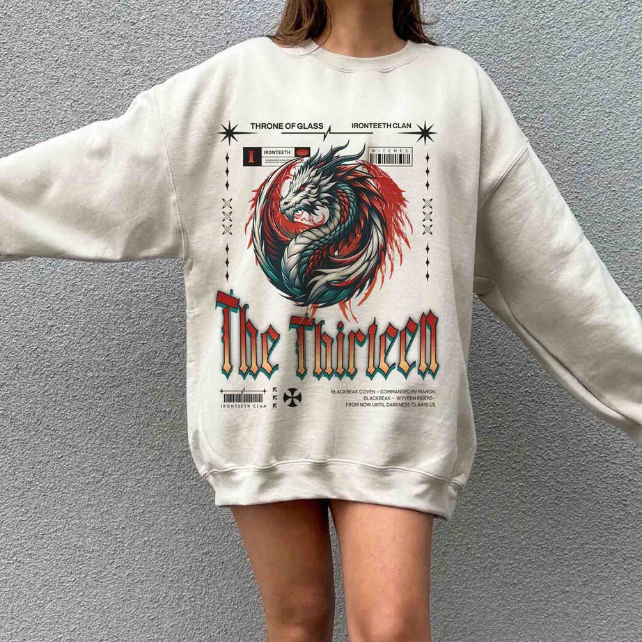 The Thirteen Sweatshirt, Throne of Glass Shirt, Manon Blackbeak Ironteeth Witches Dorian Haviliard Licensed SJM Merch Terrasen, Bookish