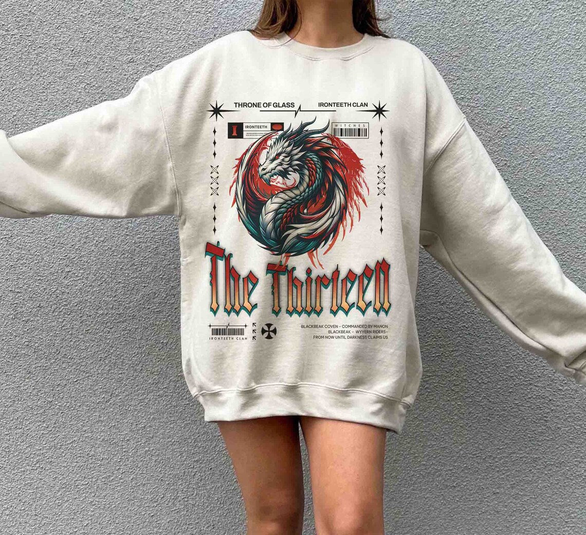The Thirteen Sweatshirt, Throne of Glass Shirt, Manon Blackbeak Ironteeth Witches Dorian Haviliard Licensed SJM Merch Terrasen, Bookish