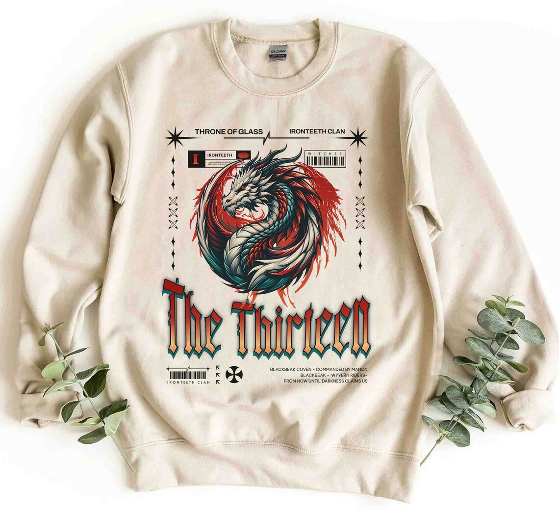 The Thirteen Sweatshirt, Throne of Glass Shirt, Manon Blackbeak Ironteeth Witches Dorian Haviliard Licensed SJM Merch Terrasen, Bookish