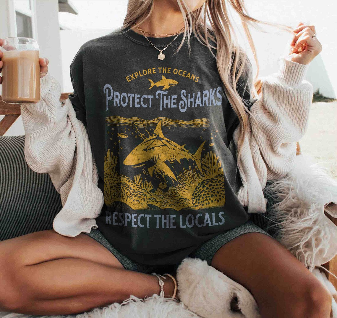 Protect the Sharks Comfort Colors Shirt, Shark Shirt, VSCO Shirt, Surfing Shirt, Respect the Locals Shirt, Shark Lover Gift