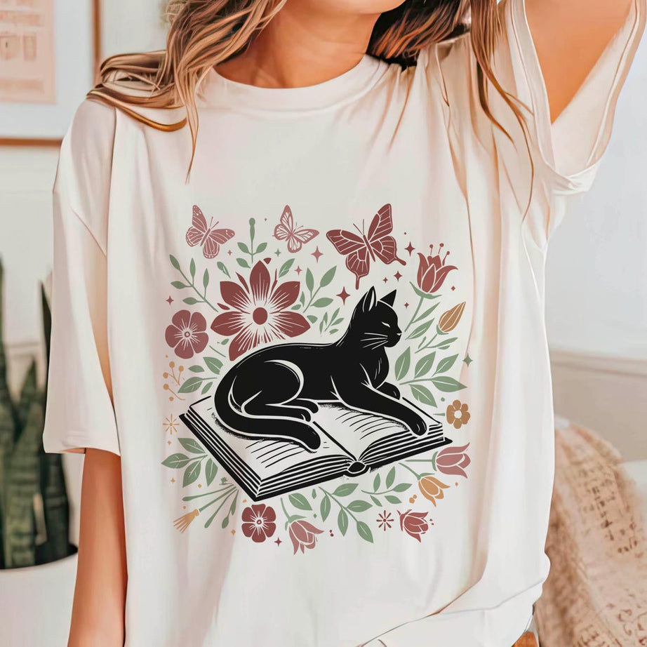 Floral Cat Shirt, Cat Lover Shirt, Cat Book Shirt, Cat Lover Gift, Gift for Her, Cat Mom Shirt Gift, Cute Cat Shirts, Cute Book Cat Shirt