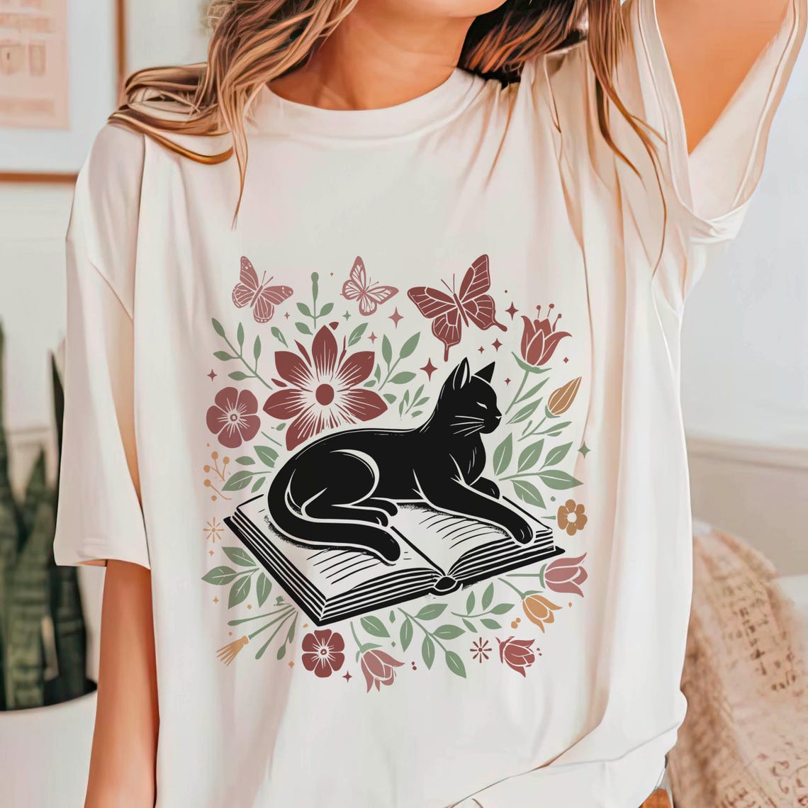 Floral Cat Shirt, Cat Lover Shirt, Cat Book Shirt, Cat Lover Gift, Gift for Her, Cat Mom Shirt Gift, Cute Cat Shirts, Cute Book Cat Shirt