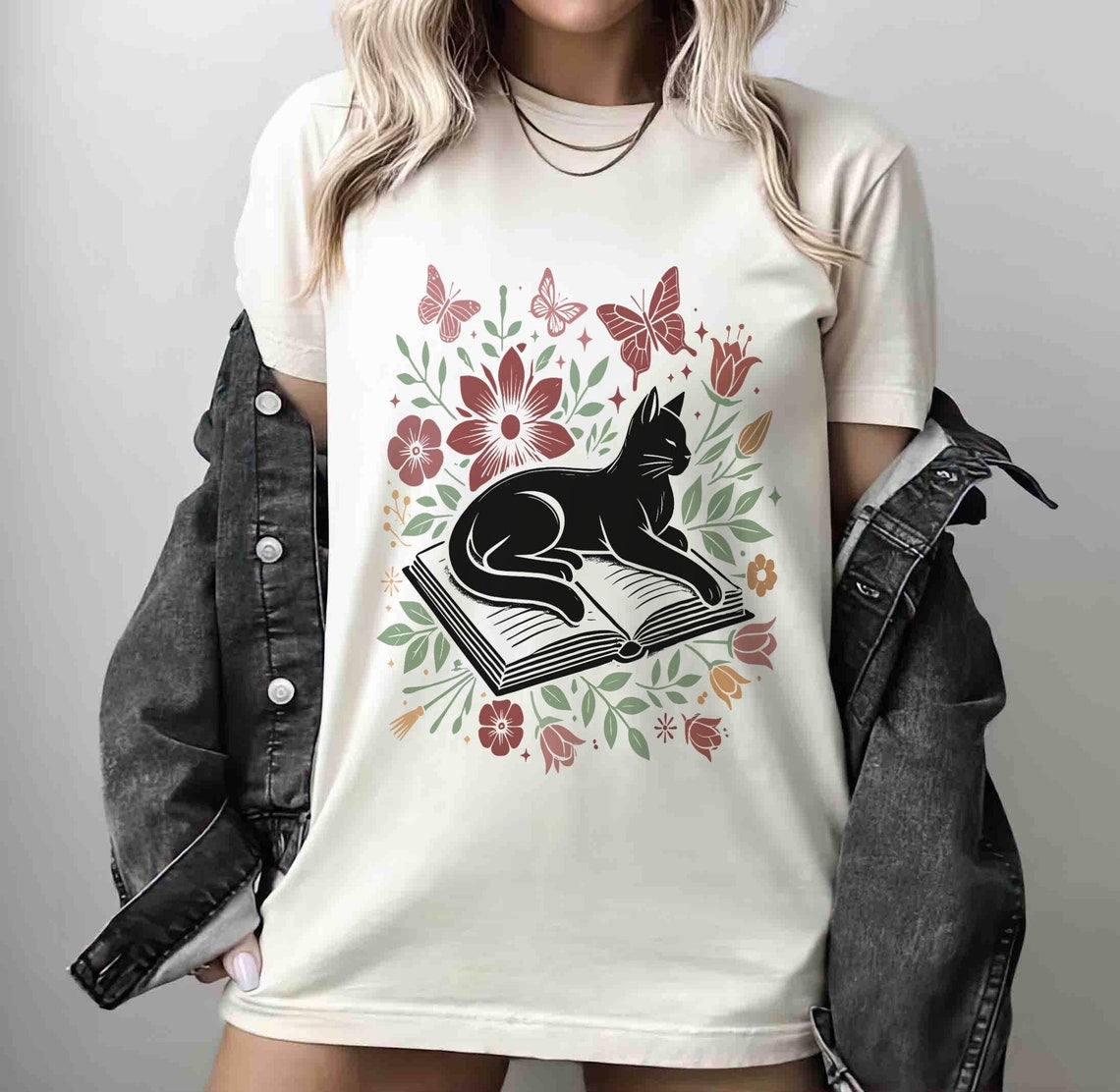 Floral Cat Shirt, Cat Lover Shirt, Cat Book Shirt, Cat Lover Gift, Gift for Her, Cat Mom Shirt Gift, Cute Cat Shirts, Cute Book Cat Shirt